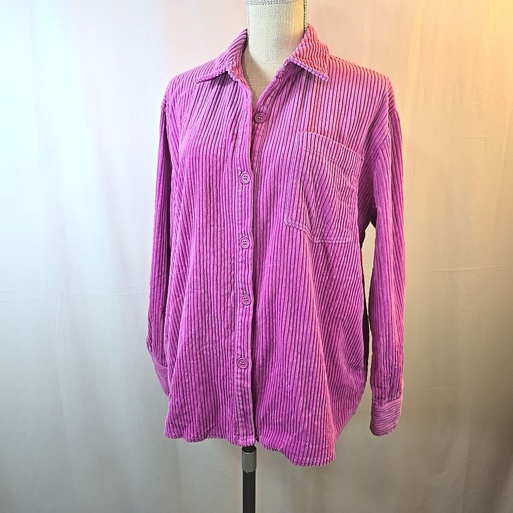 Anniewear Womens Sz L Pink Wide Wale Corduroy Button Up Jacket Shirt 100% Cotton